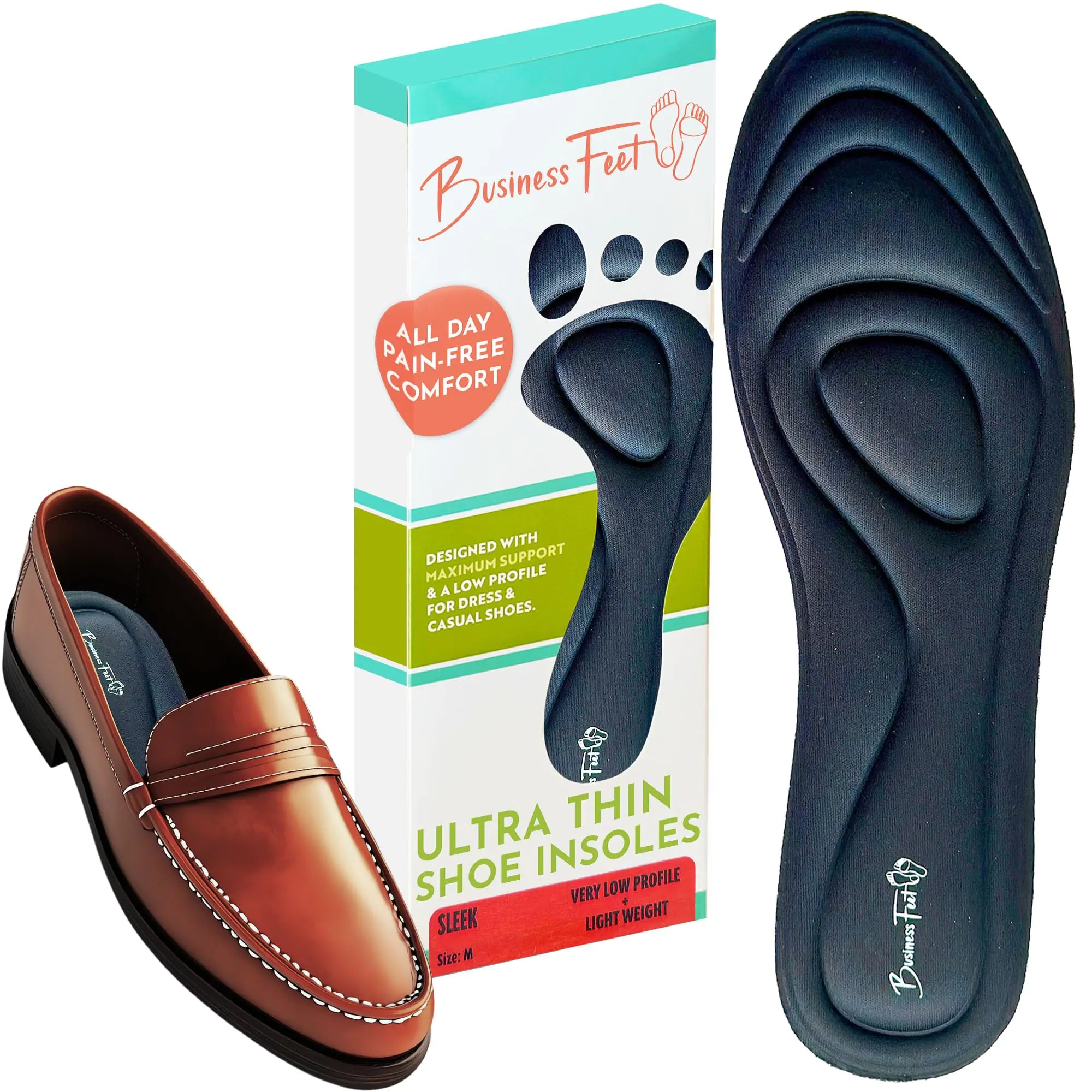 Sleek! Ultra Thin Insoles Lightweight Cushioning Designed by Business Feet® for Minimal Crowding in Dress Shoes & Casual Shoes. Shoe Inserts & Insoles for Women & Men. Memory Foam Shoe Pads Plantillas