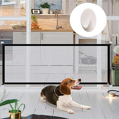 Magic Dog GateMagic pet Gate for Stairs and Door mesh Dog Gates for The House Foldable Safety Isolation FenceIndoor Pet Safety Gate Install (B-71×28”)…